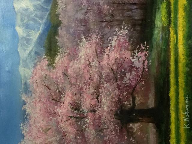 ◇生命の賛歌 中村勝之画伯 画【「長寿の祈 神代桜」3枚並列額装 油彩